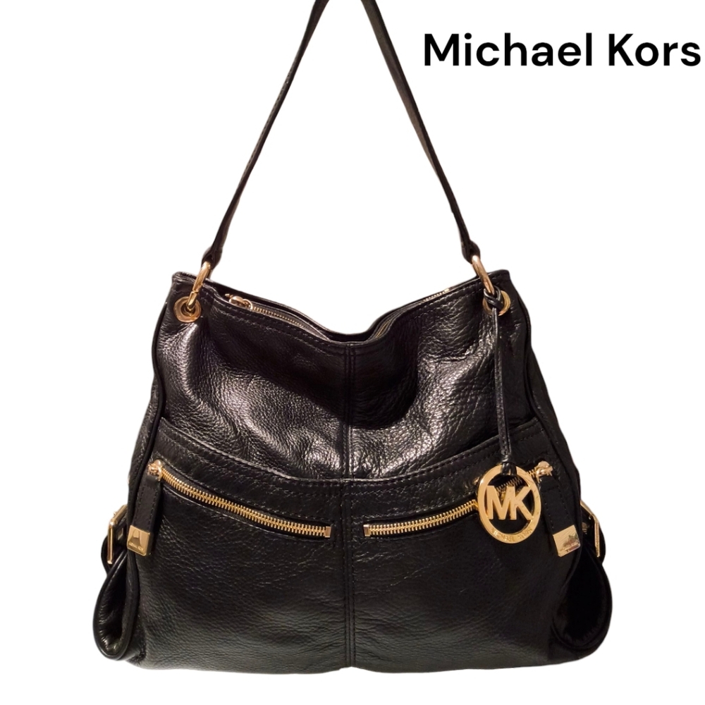 Michael Kors Layton Black Pebbled Leather Shoulder Bag with lots of Pockets